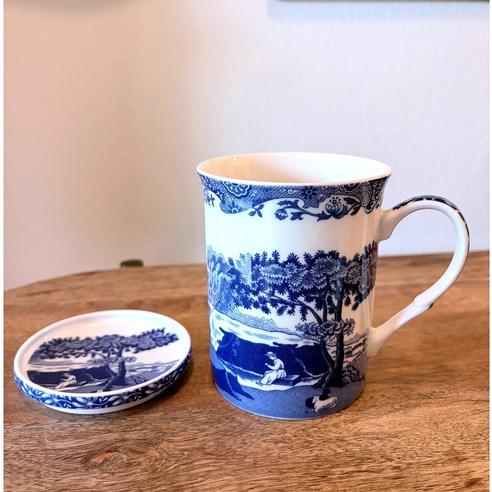Spode Blue Italian Tea Mug with Lid Coaster Fine Porcelain Blue White England